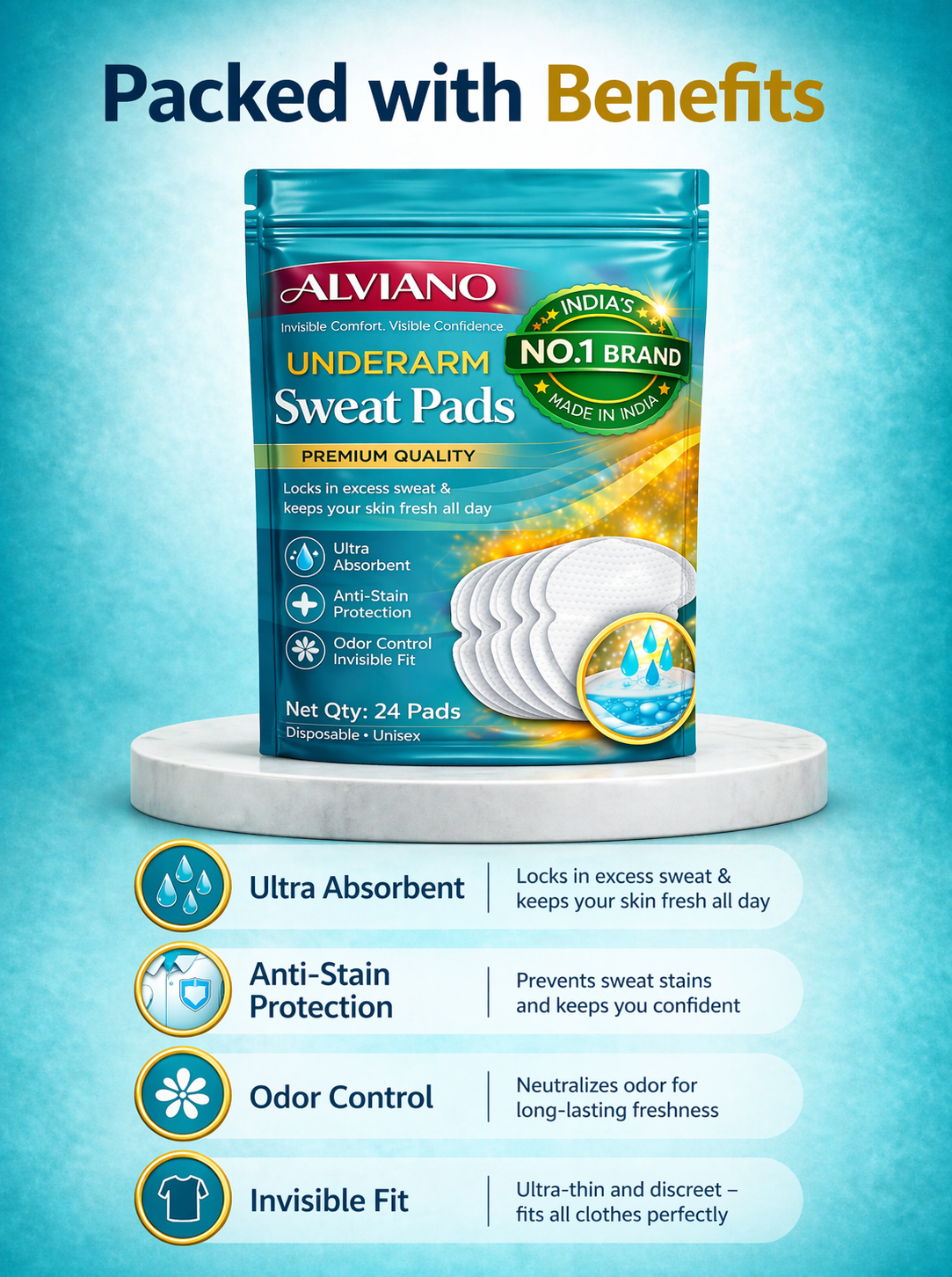 ALVIANO™ Underarm Sweat Pads (24 Pads) – Ultra Absorbent, Anti-Stain Protection, Odor Control