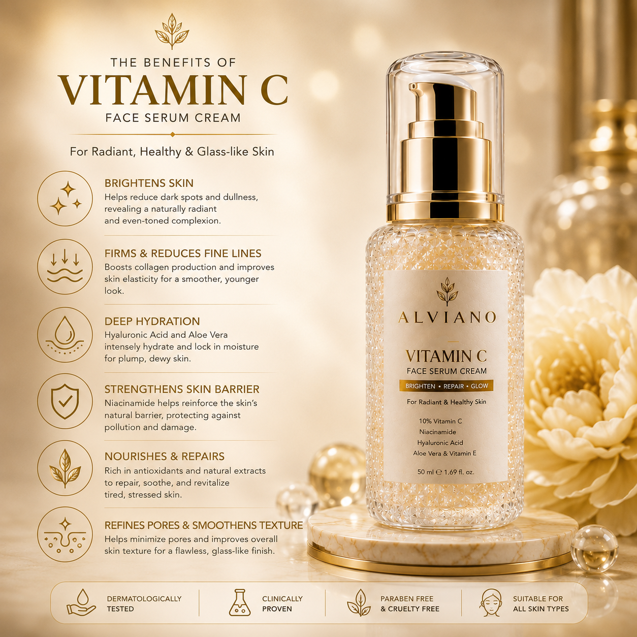 ALVIANO Vitamin C Face Serum Cream – Brightening, Hydrating & Glass Skin Glow Formula (50ml)