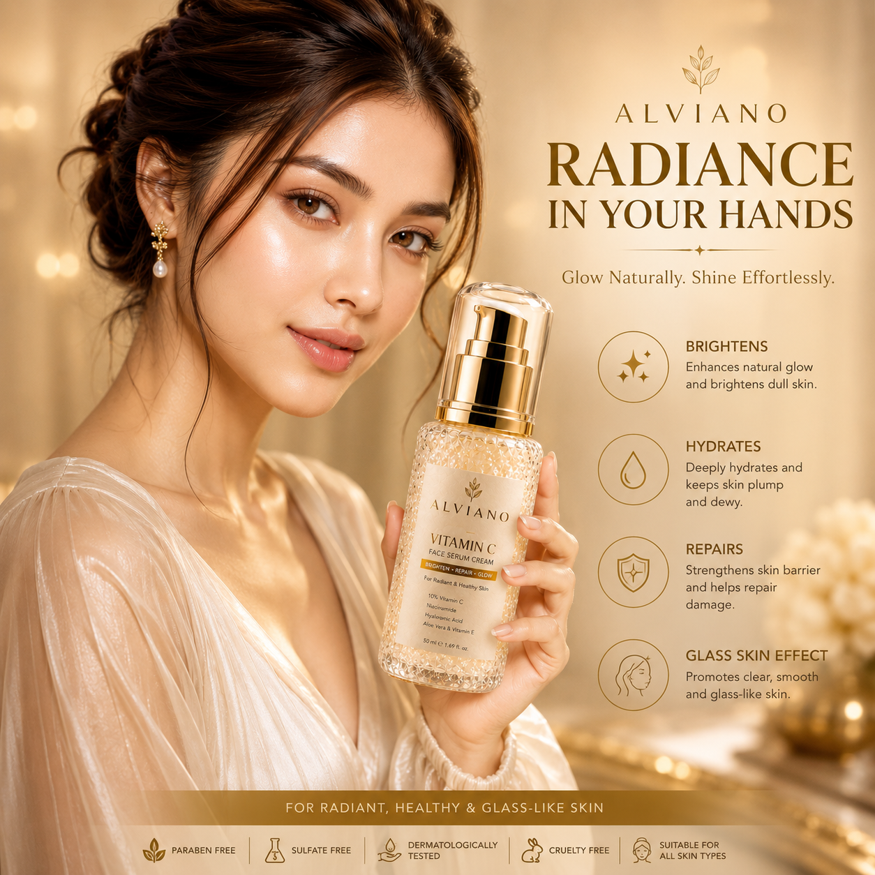 ALVIANO Vitamin C Face Serum Cream – Brightening, Hydrating & Glass Skin Glow Formula (50ml)