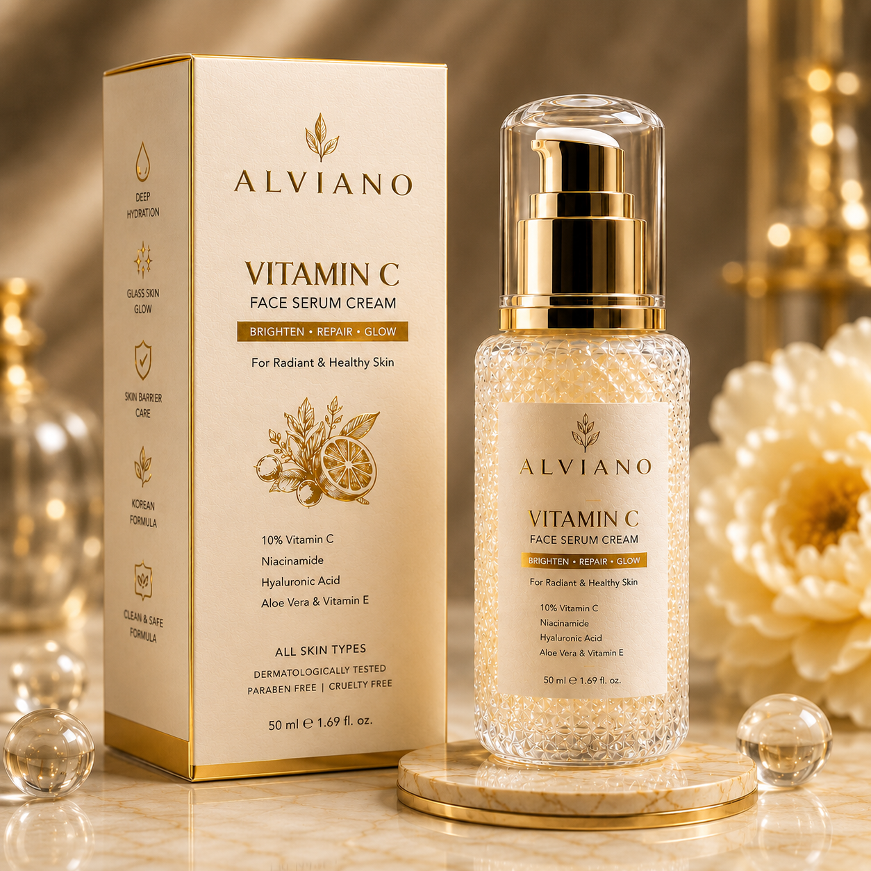 ALVIANO Vitamin C Face Serum Cream – Brightening, Hydrating & Glass Skin Glow Formula (50ml)
